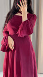 MAROON CHIFFON EVENING GOWN WITH RUFFLED PUFF SLEEVES