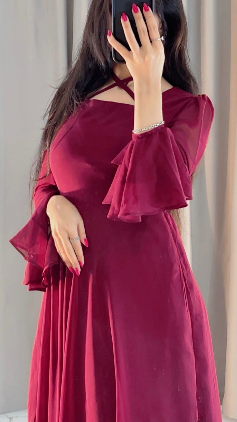 MAROON CHIFFON EVENING GOWN WITH RUFFLED PUFF SLEEVES