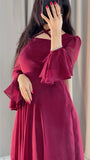 MAROON CHIFFON EVENING GOWN WITH RUFFLED PUFF SLEEVES