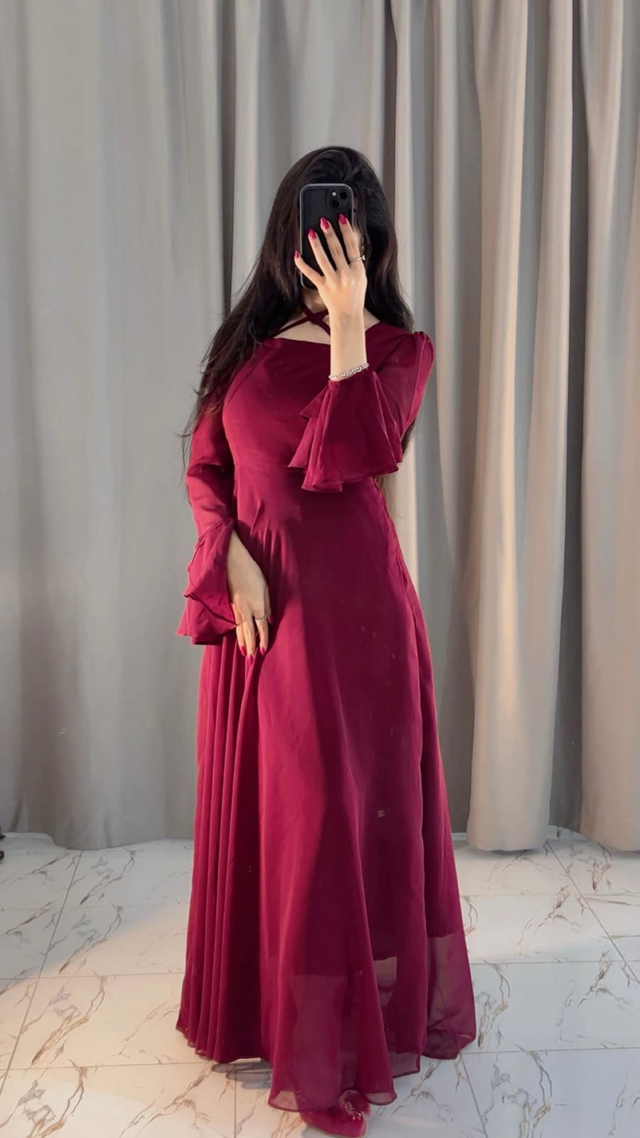 MAROON CHIFFON EVENING GOWN WITH RUFFLED PUFF SLEEVES