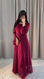MAROON CHIFFON EVENING GOWN WITH RUFFLED PUFF SLEEVES