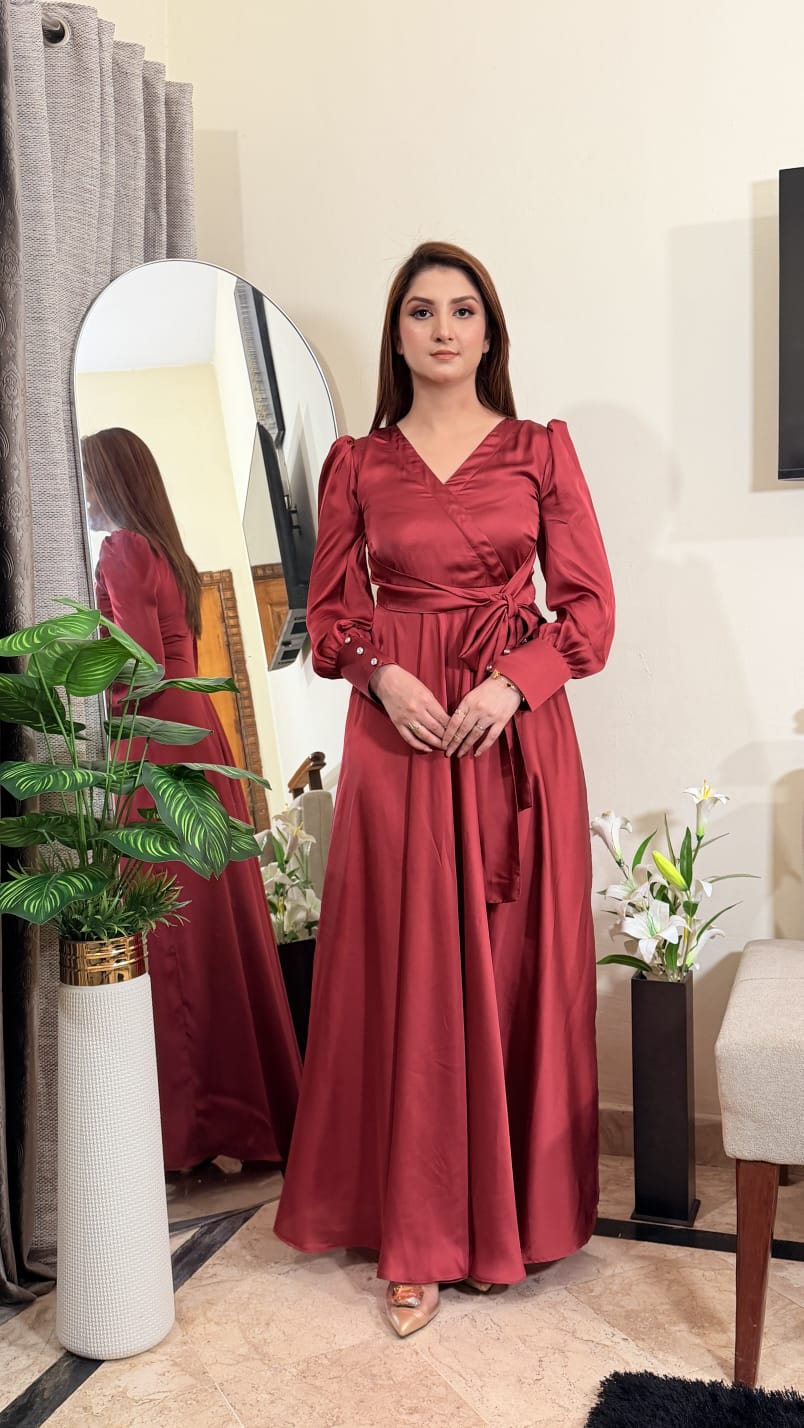 MAROON SILK VNECK KNOT LONG MAXI