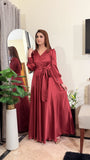 MAROON SILK VNECK KNOT LONG MAXI