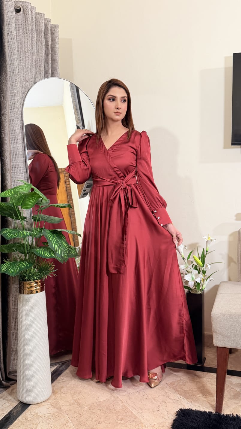 MAROON SILK VNECK KNOT LONG MAXI