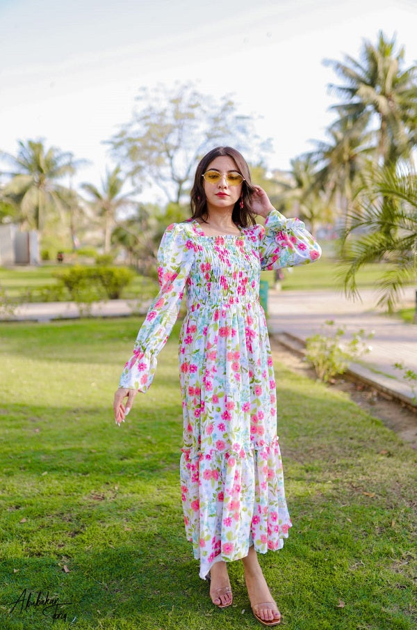 WHITE SQUARISH FLORAL DRESS