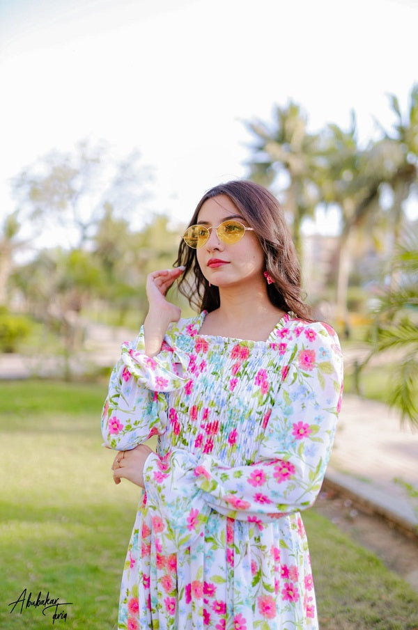 WHITE SQUARISH FLORAL DRESS