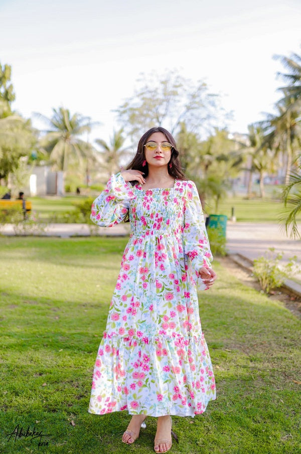 WHITE SQUARISH FLORAL DRESS