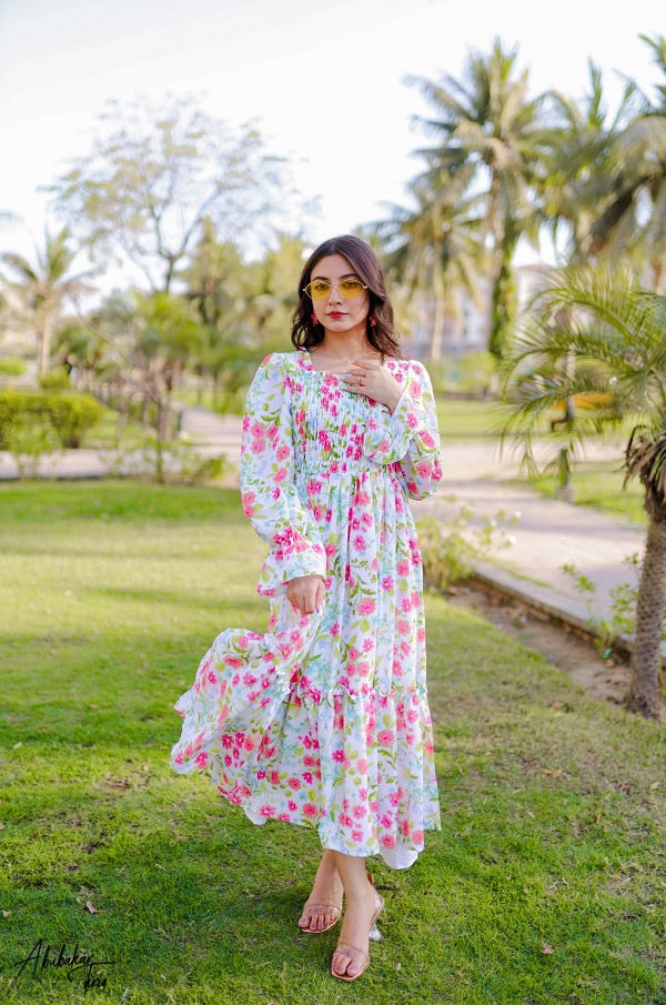 WHITE SQUARISH FLORAL DRESS