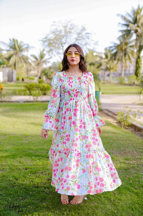 WHITE SQUARISH FLORAL DRESS